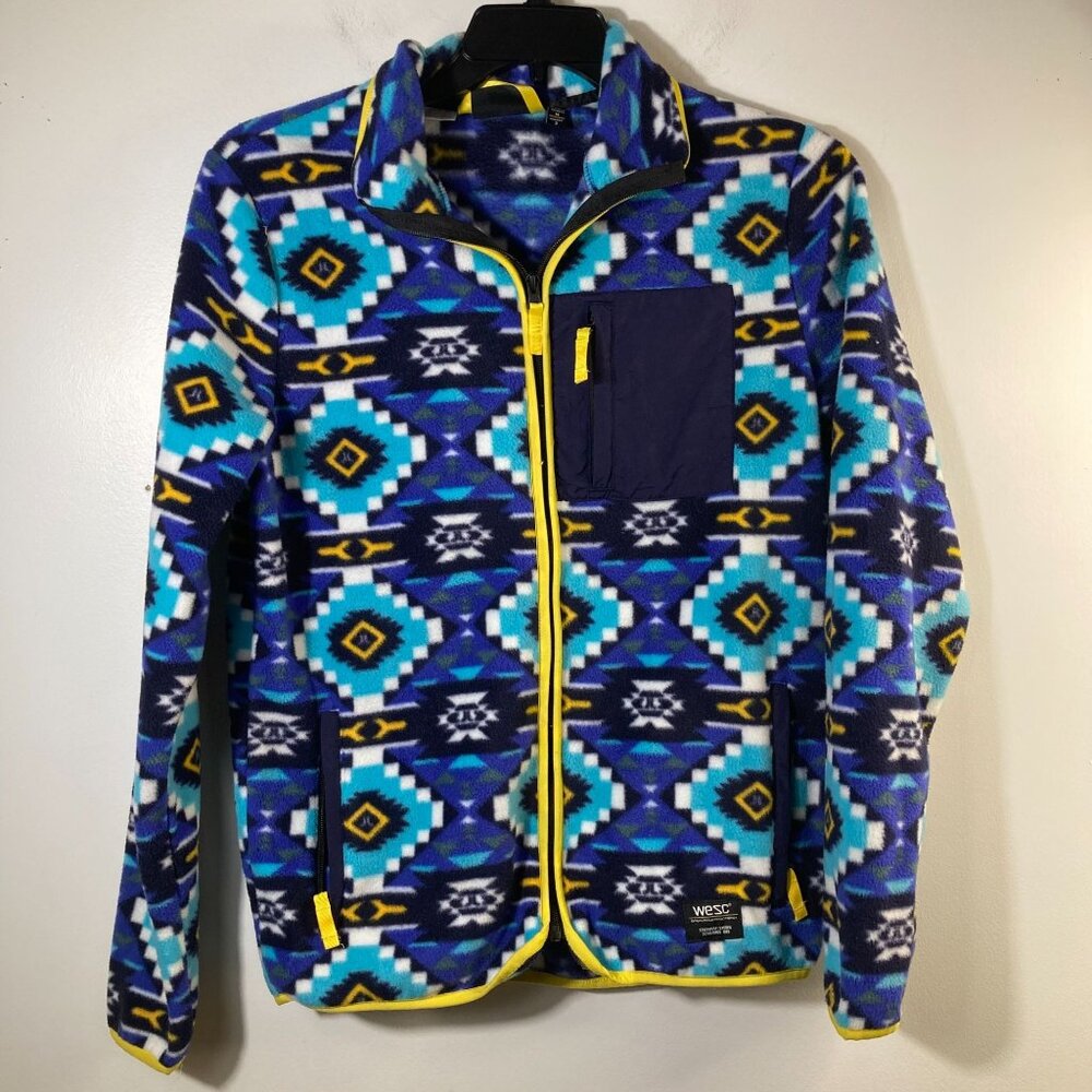 Womens WESC Sweden Moritz Aztec Polar Fleece Zip Jacket Blue‎ Yellow M Polyester